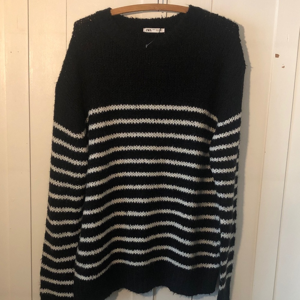 Zara Black and White Striped Crew Neck Sweater NWT XL